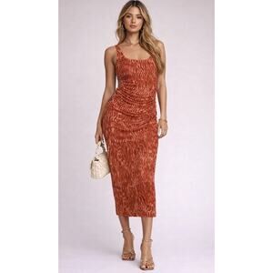 House of Harlow 1960 Ruched Cutout Midi Dress Womens S Rust Abstract Sleeveless